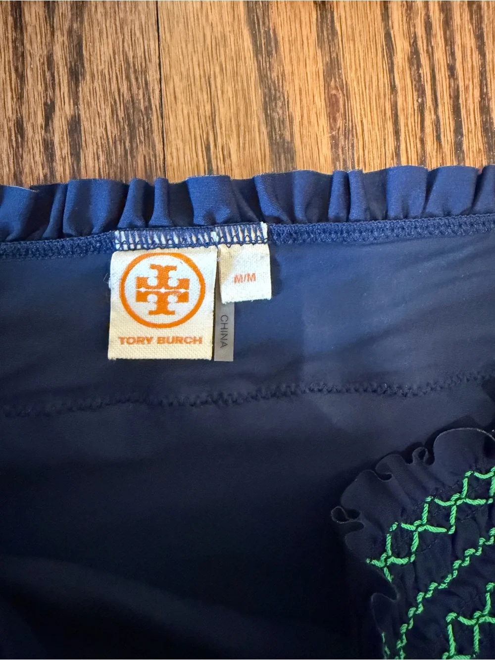 Tory Burch Costa Smocked Bandeau Bikini Set Navy Blue Green Trim M